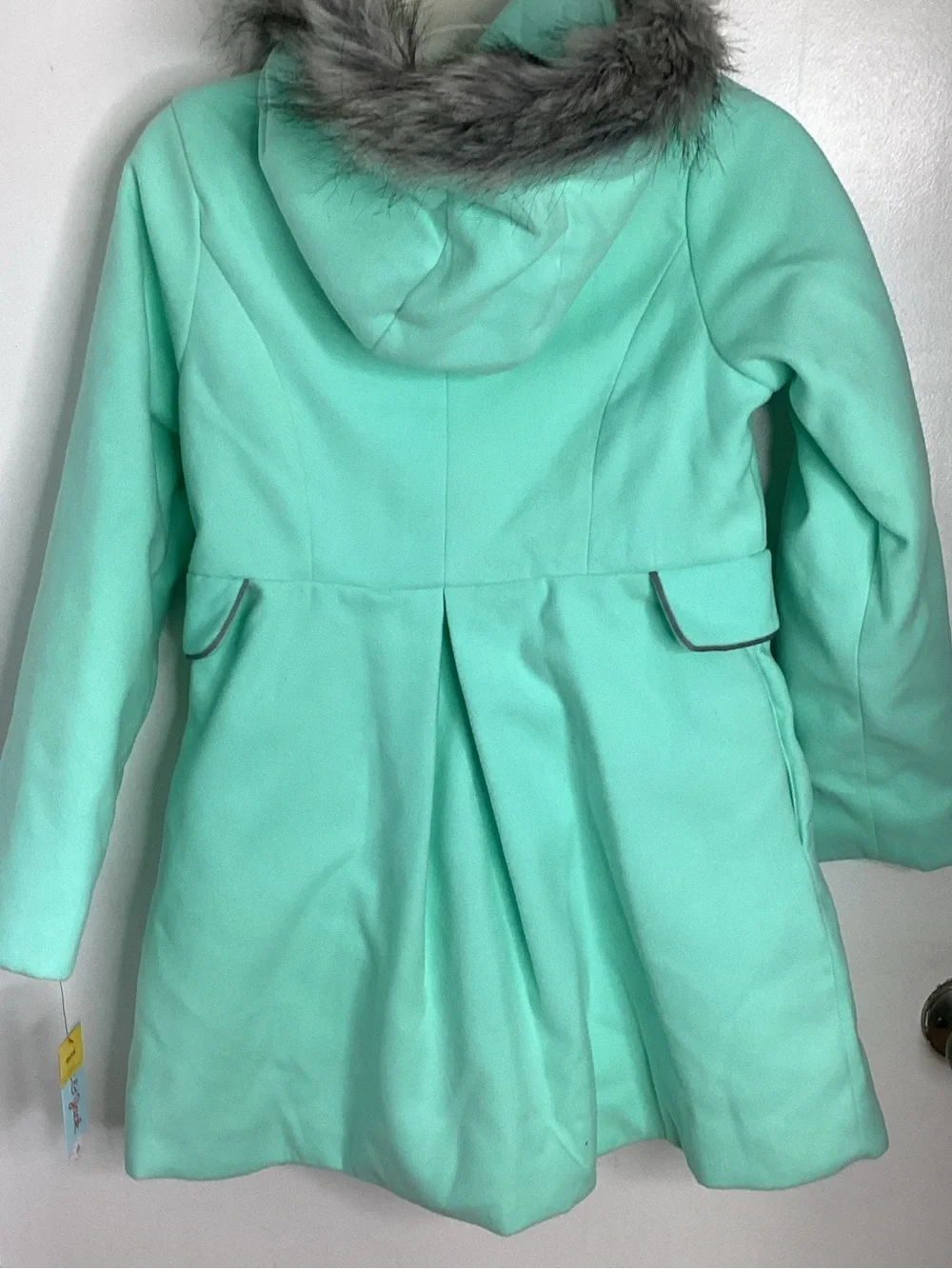 Cat & Jack Mint Green Hooded Pea Coat with Faux Fur Trim L 10/12
